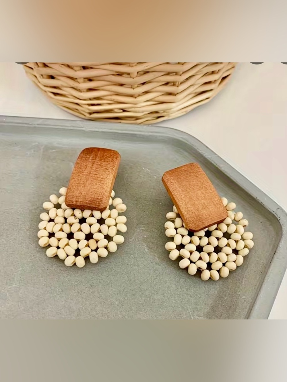 Handmade Woven Geometric Wood Bead Drop Earrings